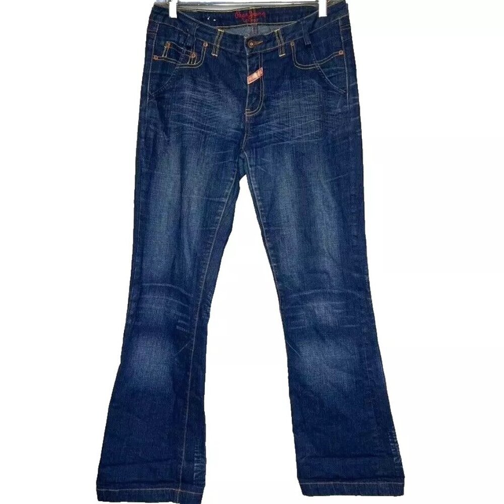 VTG Pepe Jeans London Women 31 Mid Rise Flare Gold Embroider Y2K‎ 90s Streetwear